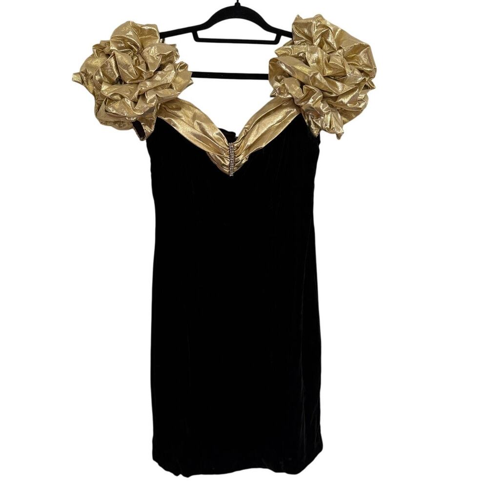 Vintage Steppin' Out Mini Dress size *9 small black velvet gold 80s puff sleeve